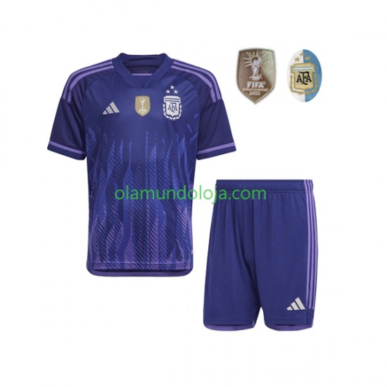 Camisola Argentina 3 Stars Criança Equipamento Segundo Copa do Mundo 2022 Manga Curta